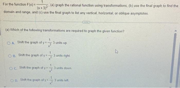 Solved For the function F(x)=(x+3)21; (a) graph the rational | Chegg.com