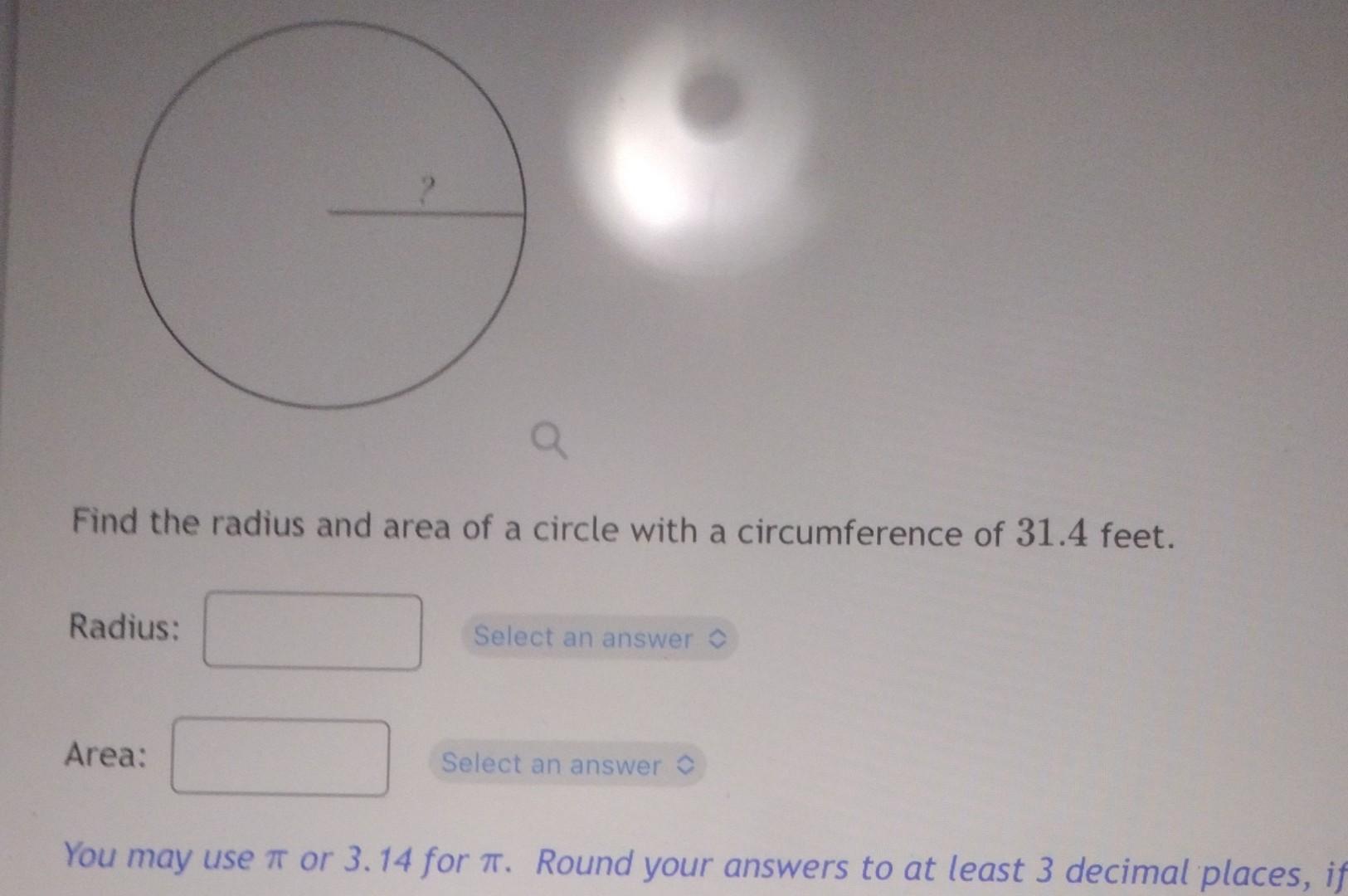 if a circle has a radius of 5cm what is the area