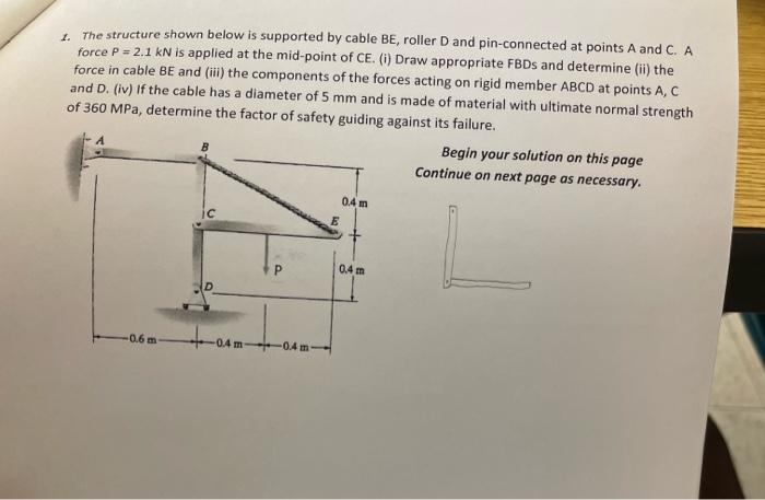 Solved 1. The structure shown below is supported by cable | Chegg.com
