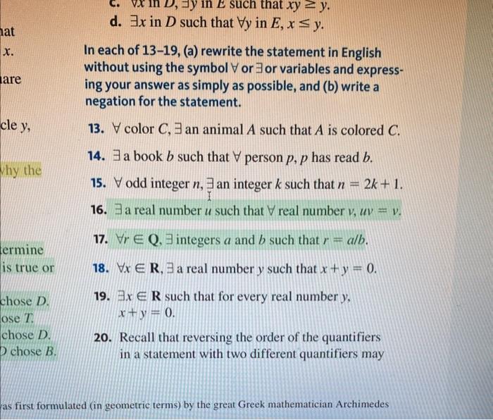 Solved d. ∃x in D such that ∀y in E,x≤y. In each of 13-19, | Chegg.com