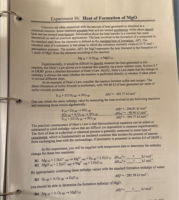 Solved Experiment \6 Heat of Formation of MgO Chemists are