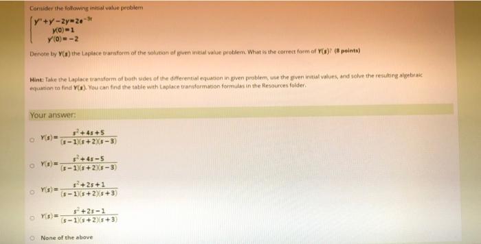 Solved Cornide the following in tal value problem y+y-2y20- | Chegg.com