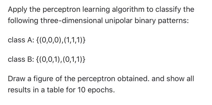 Solved Apply the perceptron learning algorithm to classify | Chegg.com