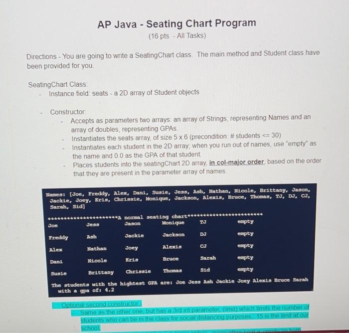 Solved AP Java Seating Chart Program (16 pts All Tasks)
