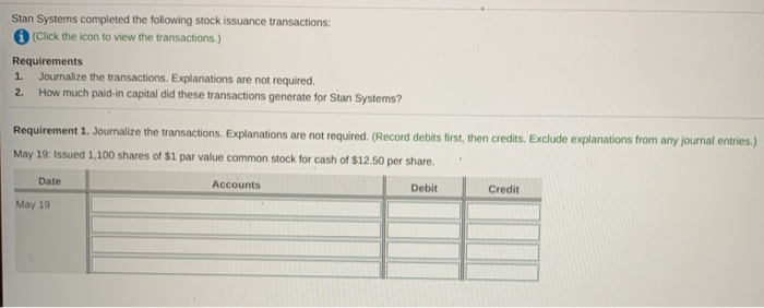 Solved Stan Systems completed the following stock issuance | Chegg.com