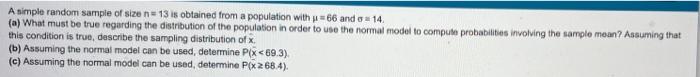 Solved A simple random sample of size n=13 is obtained from | Chegg.com