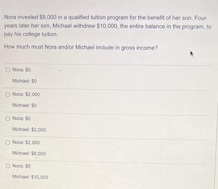Solved Nora invested 8,000 in a qualified tuition program