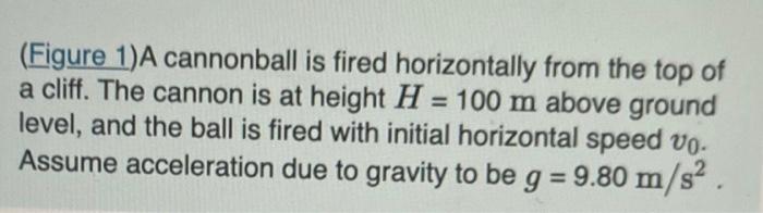 (Figure 1)A cannonball is fired horizontally from the top of a cliff. The cannon is at height \( H=100 \mathrm{~m} \) above g