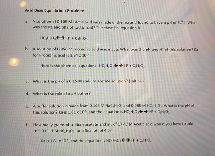Solved Acid Base Equilibrium Problems a. A solution of 0.105 | Chegg.com