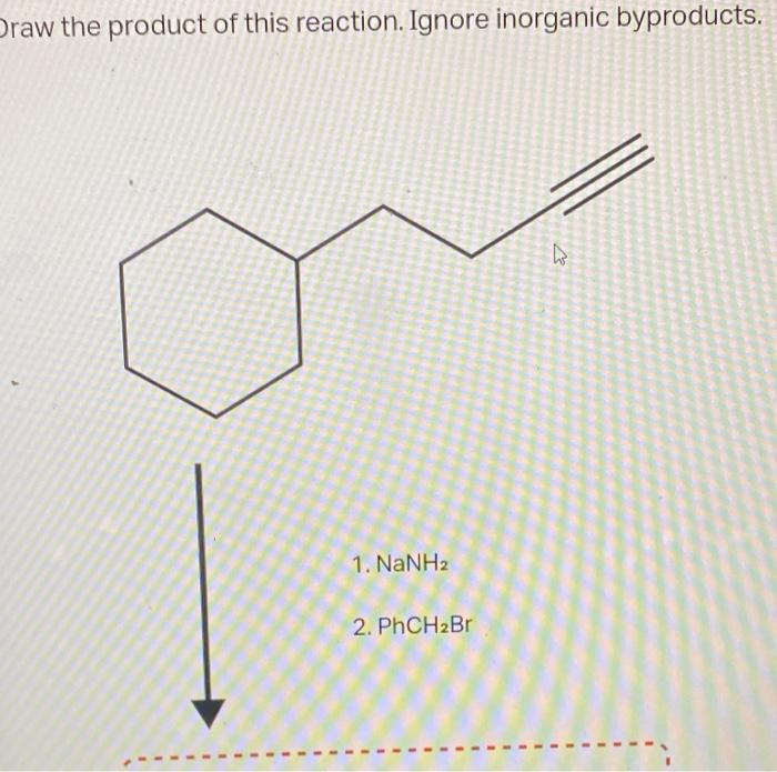 Draw the product of this reaction. Ignore inorganic byproducts.
1. NaNH2
2. PhCH2Br
