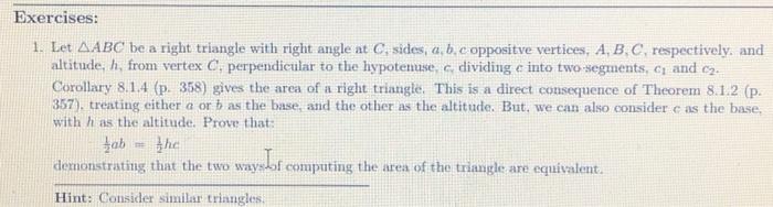 Solved Exercises: 1. Let AABC be a right triangle with right | Chegg.com