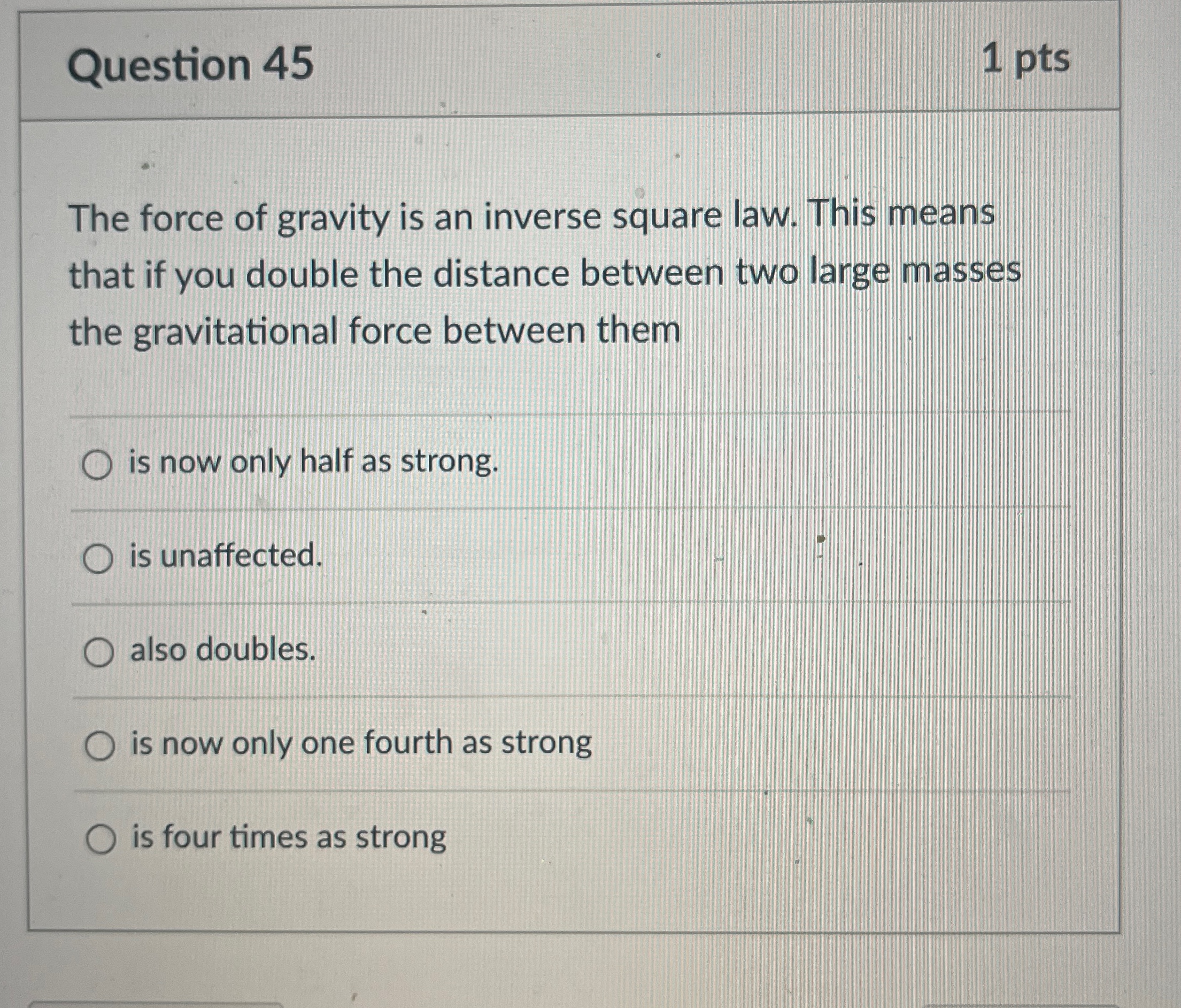 Solved Question 451 ﻿ptsThe force of gravity is an inverse | Chegg.com