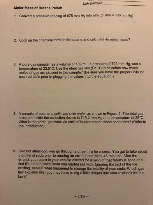 Solved Lab Partner Molar Mass Of Butane Prelab 1 Convert A 9046