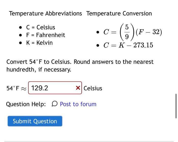 Solved Convert 54°F to Celsius. Round answers to the nearest | Chegg.com