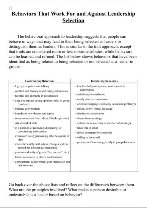 Selection The behavioral approach to leadership | Chegg.com