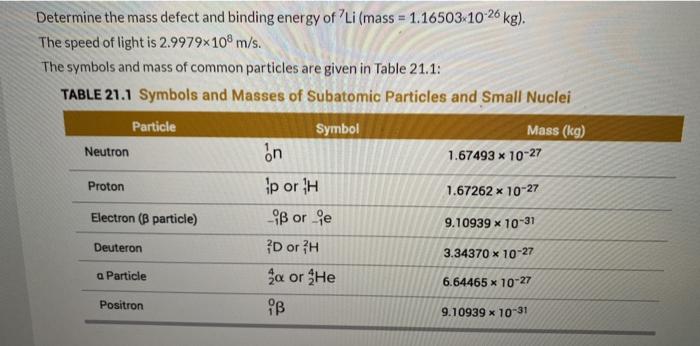 Solved Determine the mass defect and binding energy of 'Li | Chegg.com