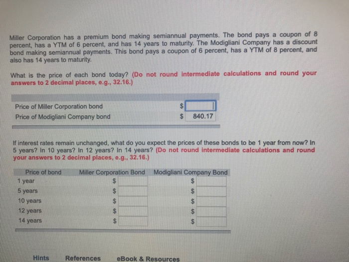 Solved Miller Corporation has a premium bond making | Chegg.com