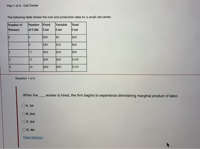 Solved Part 1 of 3 - Call Center The following table shows | Chegg.com