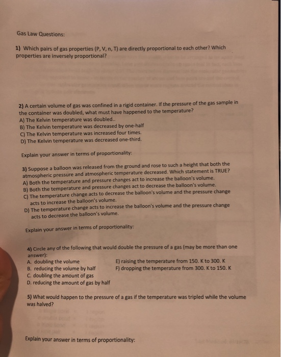 Solved Gas Law Questions 1 Which Pairs Of Gas Propertie Chegg Com