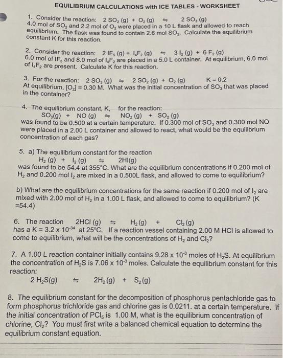 Solved EQUILIBRIUM CALCULATIONS with ICE TABLES WORKSHEET