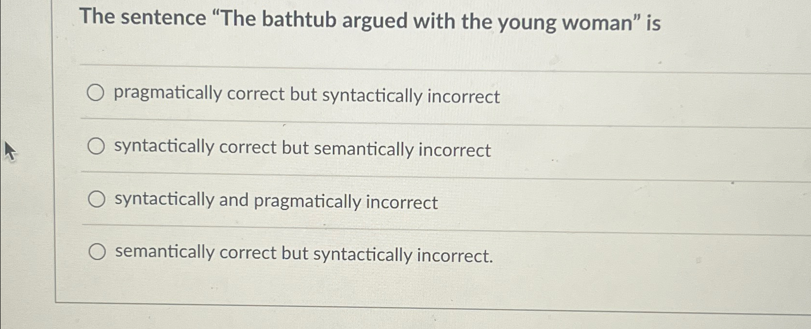 Solved The sentence "The bathtub argued with the young
