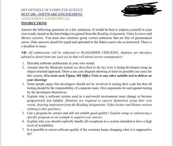 Solved DEPARTMENT OF COMPUTER SCIENCE DCIT 208 - SOFTWARE | Chegg.com