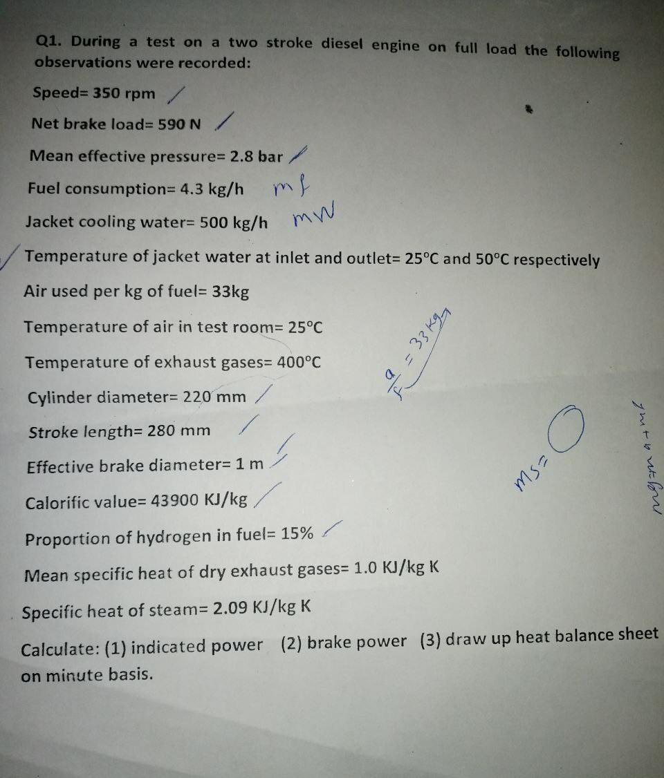 Solved Q1. During a test on a two stroke diesel engine on | Chegg.com