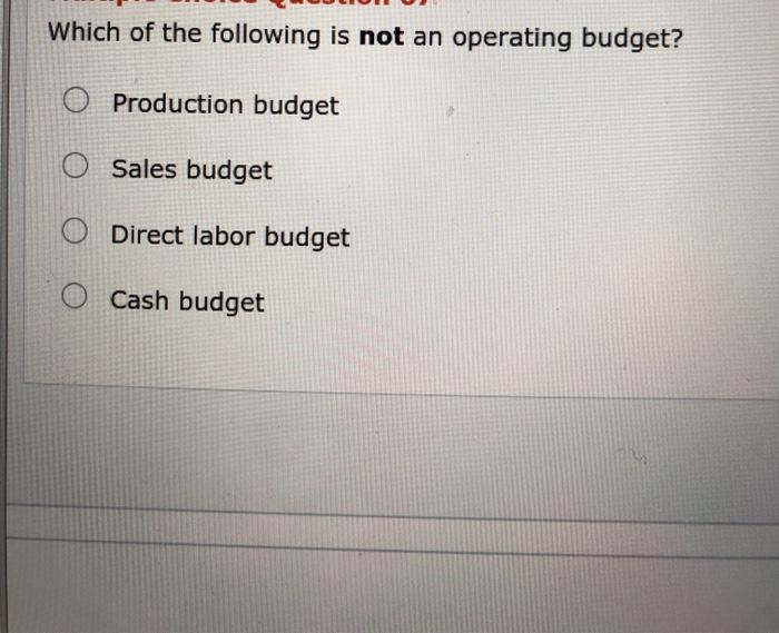 Solved Which Of The Following Is Not An Operating Budget? | Chegg.com