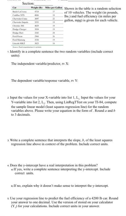 Solved 2730 17 IN Section: Car Weight (t) Miles per Gallen | Chegg.com