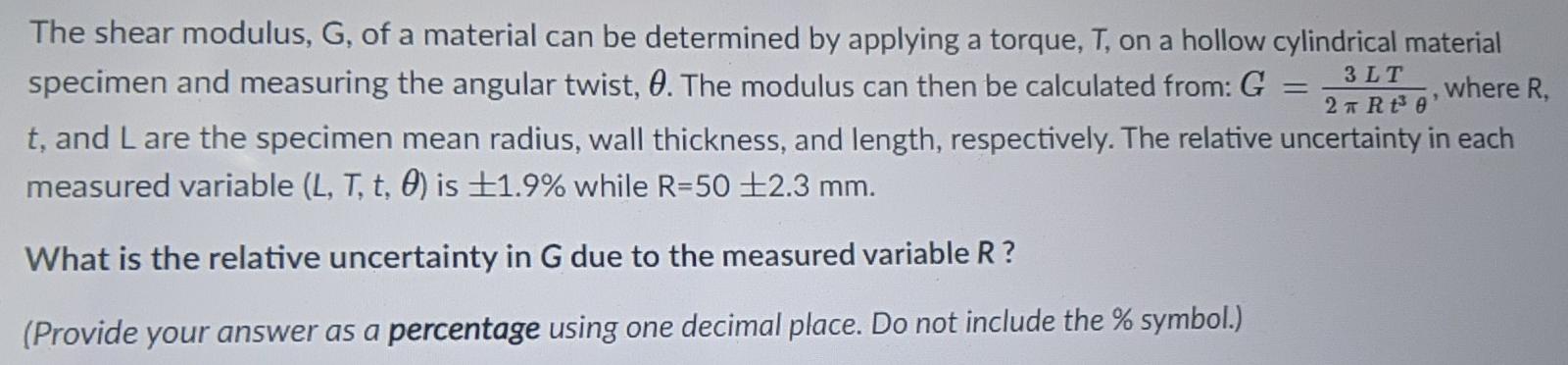 Solved The shear modulus, G, of a material can be determined | Chegg.com