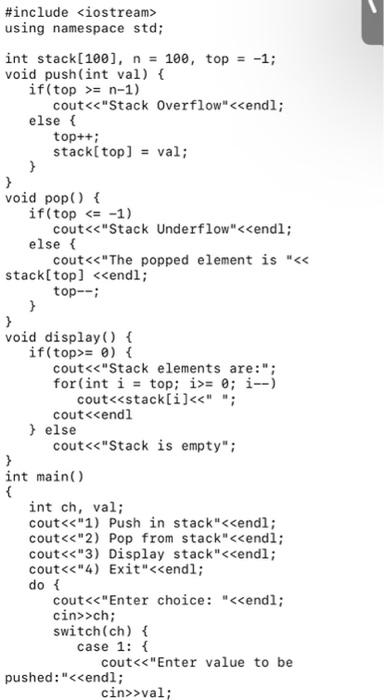 Solved #include using namespace std; int stack [100], n = | Chegg.com