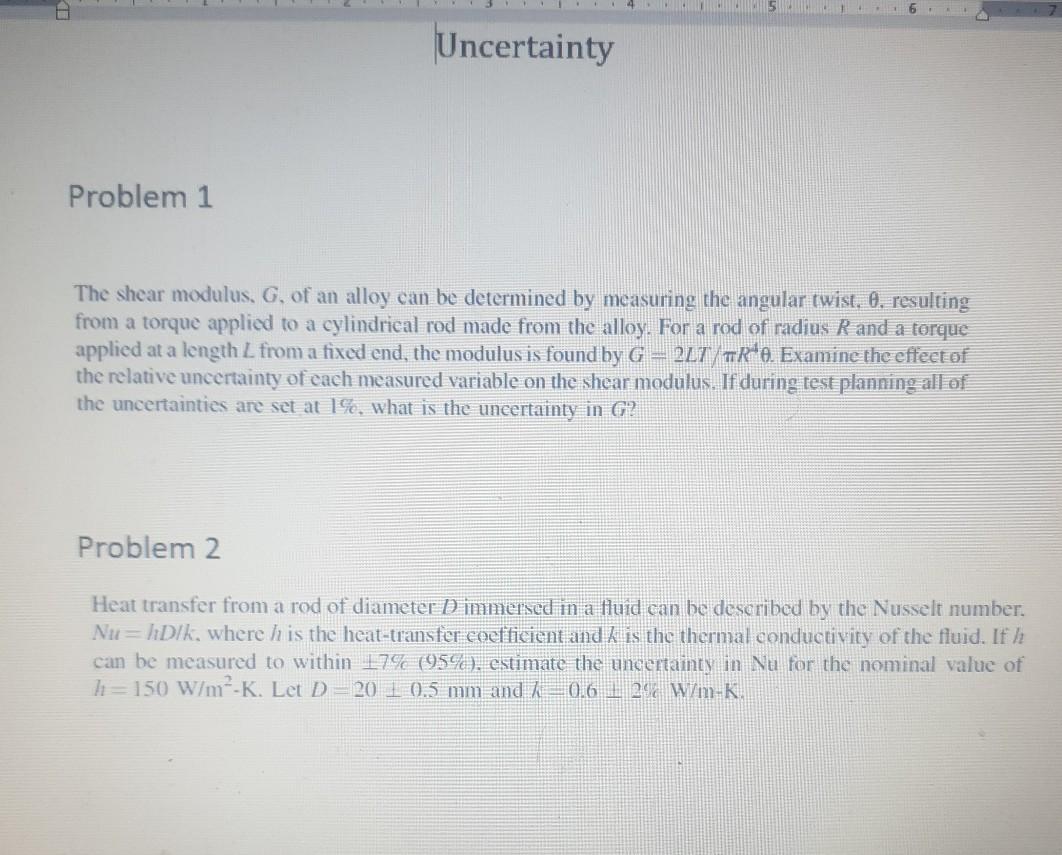 Solved 5 Uncertainty Problem 1 The shear modulus, G, of an | Chegg.com