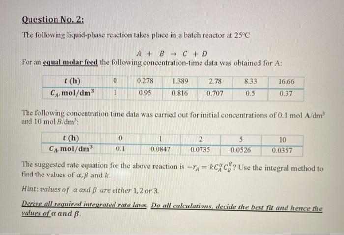 Solved Question No. 2: The Following Liquid-phase Reaction | Chegg.com