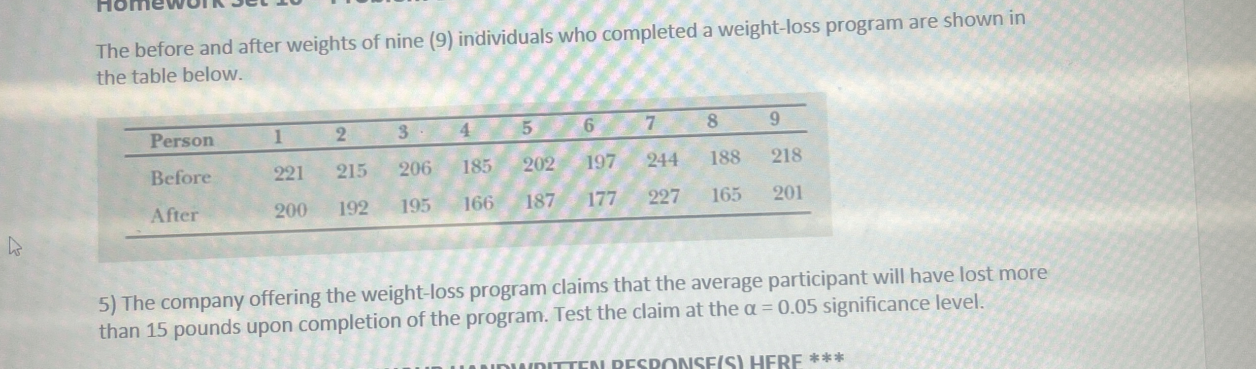 Solved The before and after weights of nine (9) ﻿individuals | Chegg.com