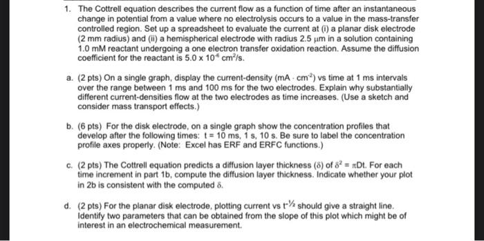 Solved 1. The Cottrell equation describes the current flow | Chegg.com