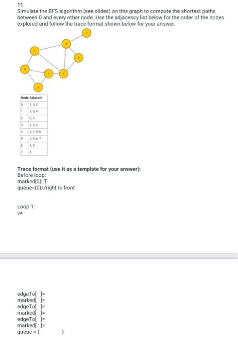 11.
Simulate the BFS algorithm (see slides) on this graph to compute the shortest paths
between 0 and every other node. Use t