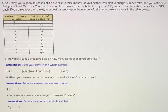 Solved Next Friday, you plan to sell cakes at a bake sale to | Chegg.com