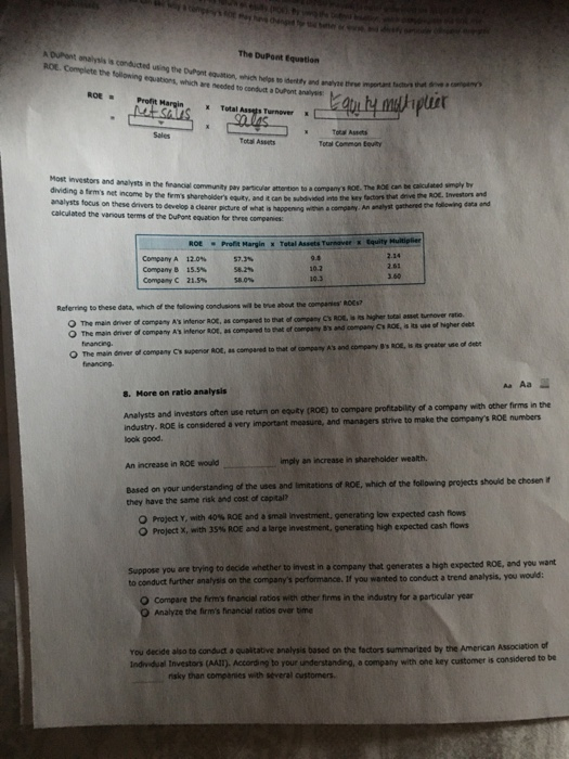 Solved The DuPont Equation Conducted Using The Dupont ROL. | Chegg.com