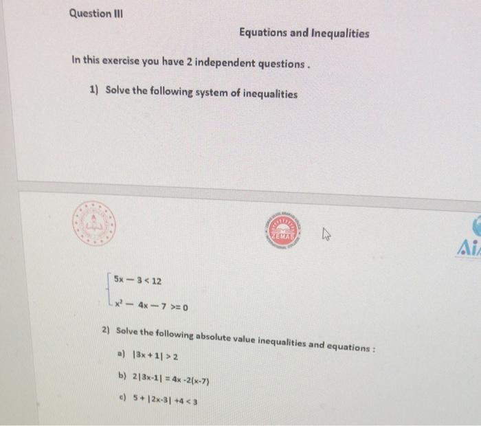 Solved In this exercise you have 2 independent questions. 1) | Chegg.com