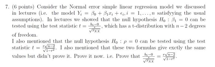 Solved 7. (6 points) Consider the Normal error simple linear | Chegg.com