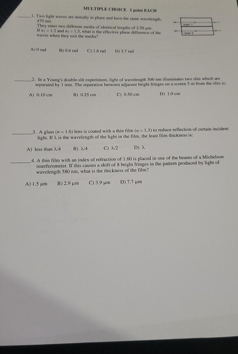 Solved MULTIPLE CHOICE 1 point EACH 1. Two light waves are | Chegg.com