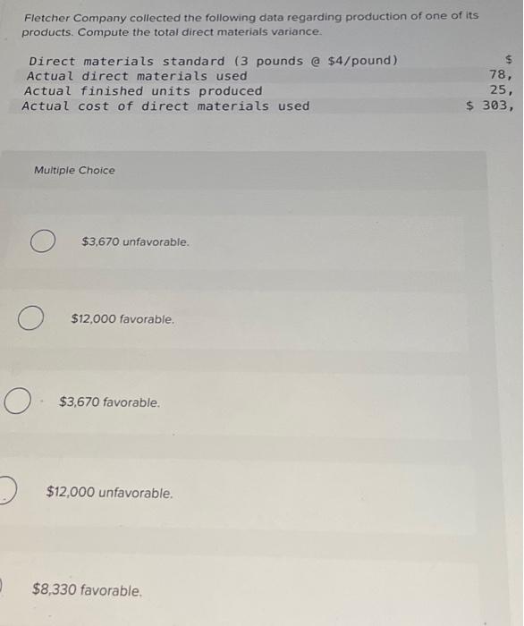 Solved Fletcher Company collected the following data