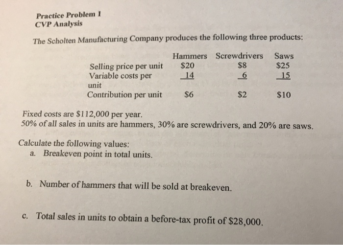 Solved Practice Problem 1 CVP Analysis The Scholten | Chegg.com