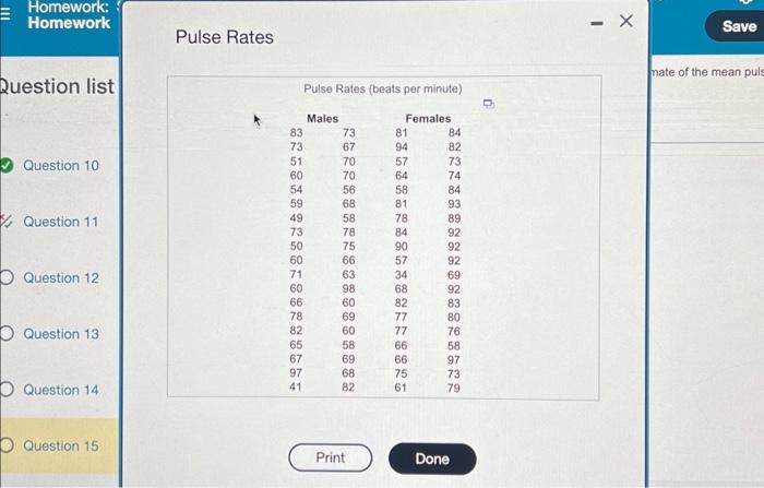 Solved Pulse Rates estion list Question 10 Question 11 | Chegg.com
