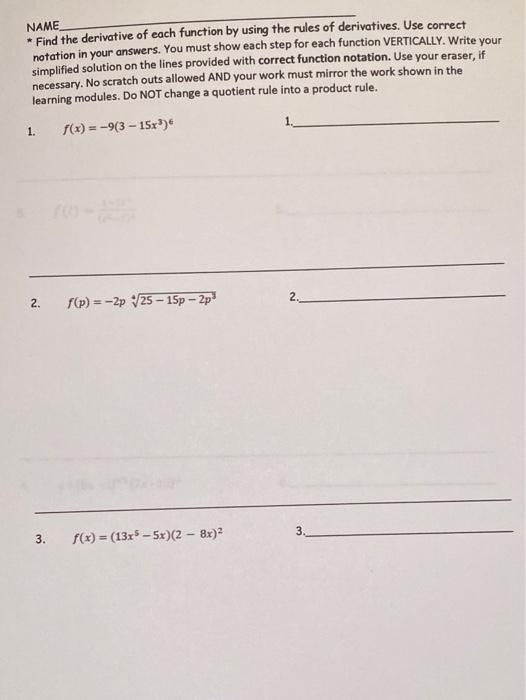 Solved NAME Find the derivative of each function by using | Chegg.com