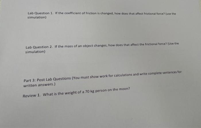 Solved Lab Question 1. If the coefficient of friction is | Chegg.com