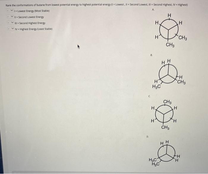 Solved Rank the confocmstions of butane from lowest | Chegg.com
