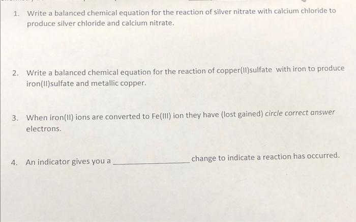 Solved 1. Write a balanced chemical equation for the | Chegg.com