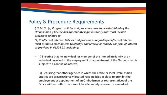 olicy \& Procedure Requirements
\( \$ 1324.11 \) (e) Program policies and procedures are to be established by the Ombudsman i