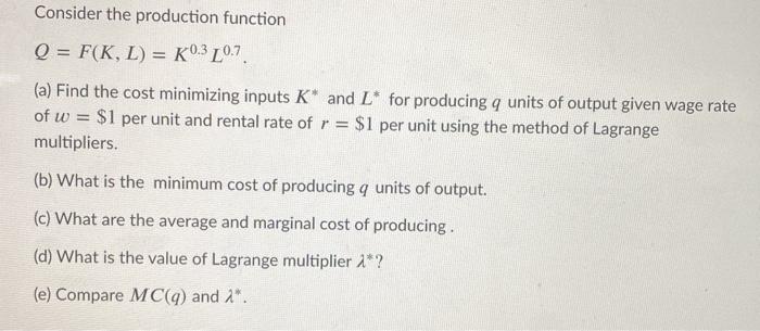 Solved Consider The Production Function Q F K L K0 Chegg Com